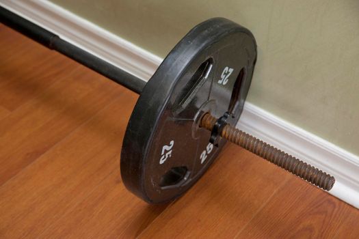 25 pound barbell on the hard wood floor