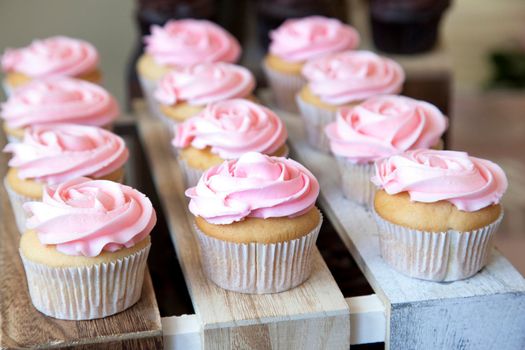 Gorgeous pink frosting on top of beautiful white vanilla cupcakes at a party or celebration 
