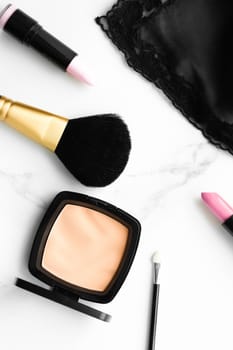 Make-up and cosmetics products on marble, flatlay background - modern feminine lifestyle, beauty blog and fashion inspiration concept