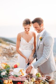 The bride and groom are cutting a cake during a buffet table after the wedding ceremony on Mount Lovcen and smiling. High quality photo