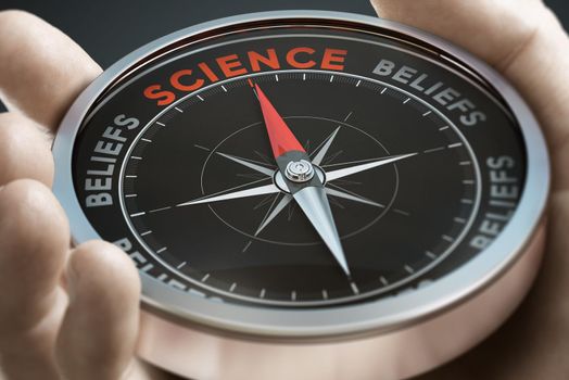 Hand holding a compass with needle pointing the word scientific instead of beliefs. Composite image between a hand photography and a 3D background.
