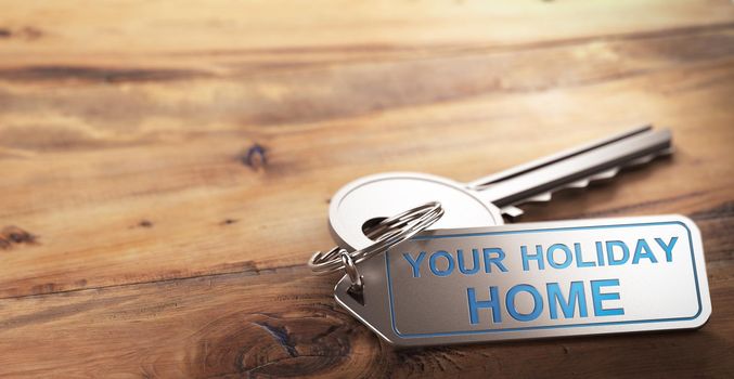3D illustration of a keychain with the slogan your holiday home engraved on it. Wooden background with copy space. Accomodations rental concept.