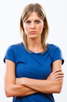 Sad young woman isolated on white background