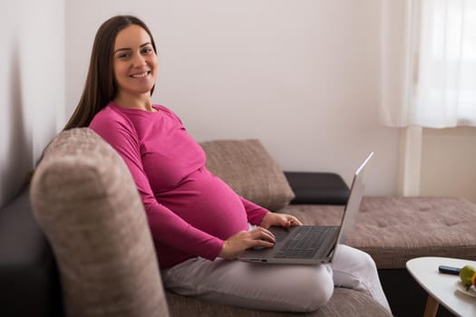 Happy pregnant woman using laptop at her home.