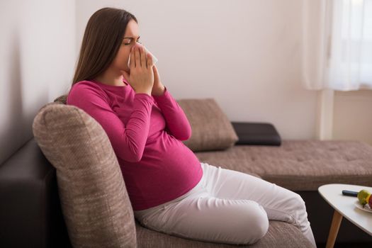 Exhausted pregnant woman  blowing nose.