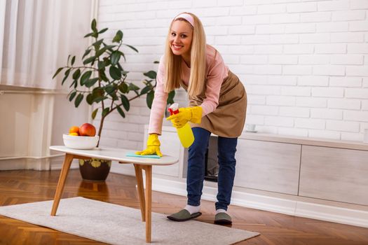 Beautiful housewife enjoys cleaning  her home.