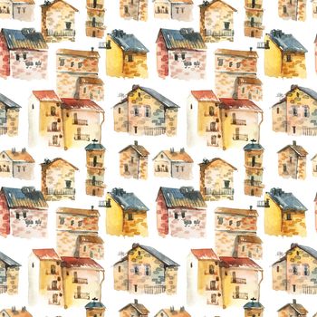Old city - watercolor illustration of houses on white background. Seamless pattern.