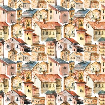 Old city - watercolor illustration of houses on white background. Seamless pattern.