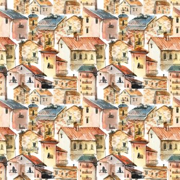 Old city - watercolor illustration of houses on white background. Seamless pattern.