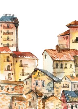 Old city - watercolor illustration of houses on white background. Vertical design.