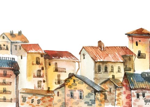 Old city - watercolor illustration of houses on white background. Horizontal design.