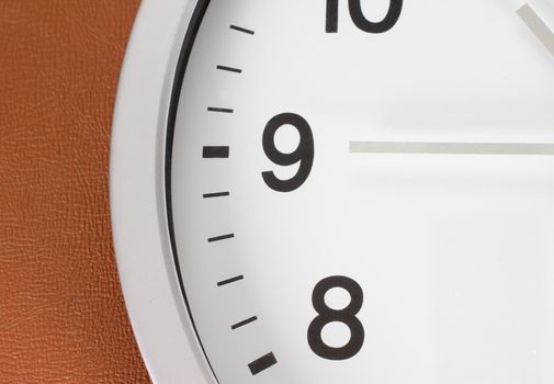 close up of an analog clock face and hands against a brown leather backdrop