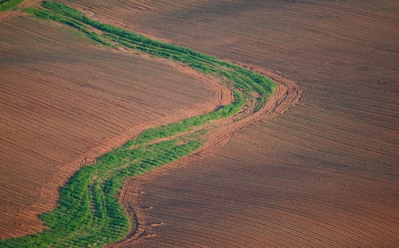 a field with rows of dirt, patterned with green winding path 