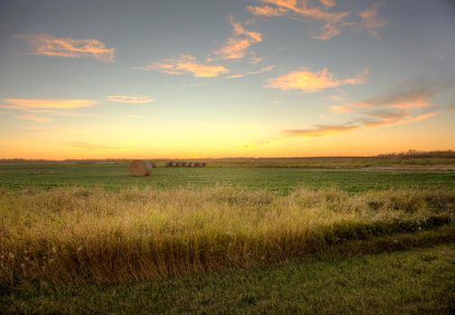  hay bales lit by a pink sunset sky in the rural plains of prairie alberta