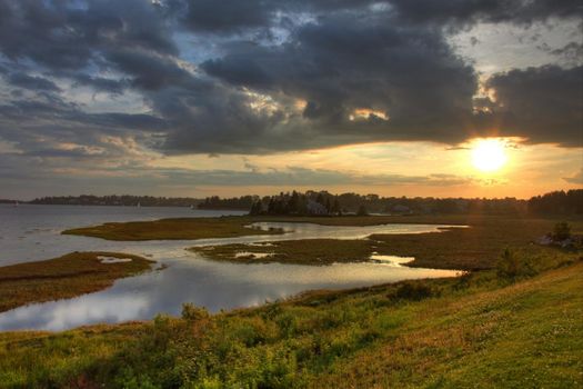  A winding river in the east coast of Nova Scotia at sunset.