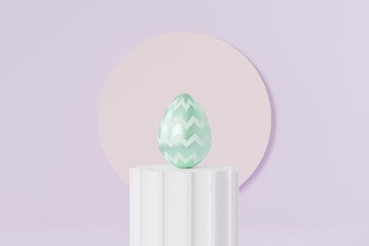 Easter egg decorated with green zigzag or chevron pattern on white pillar podium, spring holidays card, 3d illustration render