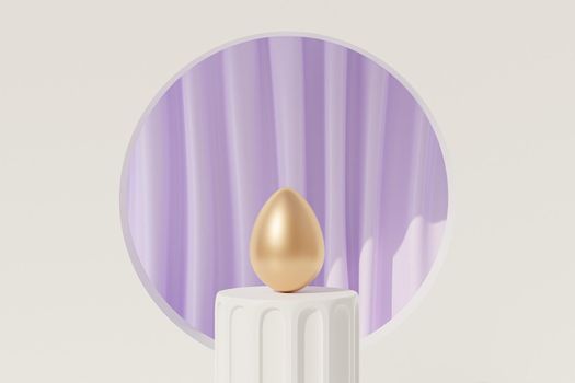 Easter egg decorated with gold on white podium near to purple curtains with folds, spring holidays card, 3d illustration render