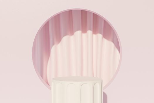 White pillar podium or pedestal for products or advertising near to pink curtains, minimal 3d illustration render