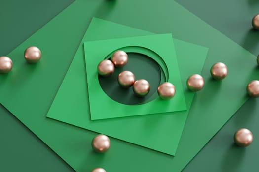 Abstract geometric green background with square shaped paper cards and metallic spheres. 3d rendering illustration.