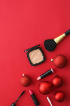 Cosmetic branding, fashion blog cover and girly glamour concept - Make-up and cosmetics product set for beauty brand Christmas sale promotion, luxury red flatlay background as holiday design