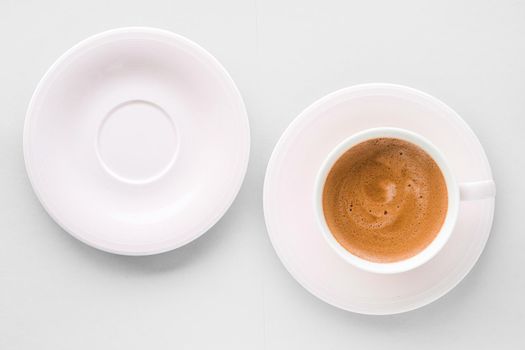 Drinks menu, italian espresso recipe and organic shop concept - Cup of hot french coffee as breakfast drink, flatlay cups on white background