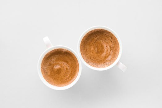 Drinks menu, italian espresso recipe and organic shop concept - Cup of hot french coffee as breakfast drink, flatlay cups on white background