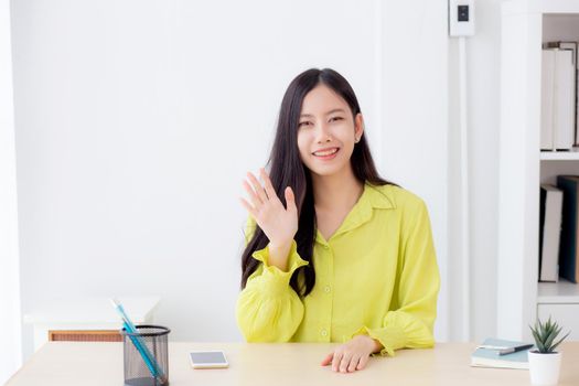 Young asian business woman video call with camera for conference online for interview at home, businesswoman meeting and talking for distance, social distancing, new normal, communication concept.