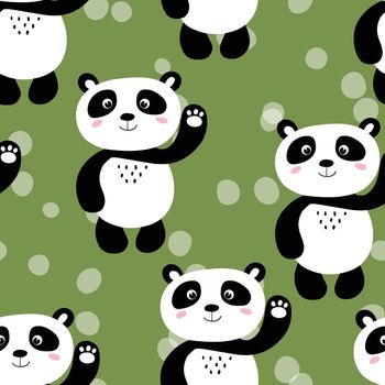 Seamless pattern with cute panda baby on color background. Funny asian animals. Card, postcards for kids. Flat vector illustration for fabric, textile, wallpaper, poster, gift wrapping paper.