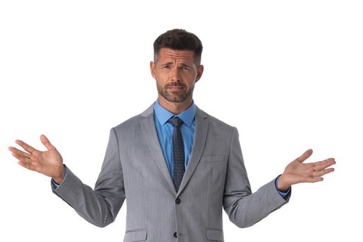 Portrait of confused clueless fruastrated business man shrug hands isolated on white background