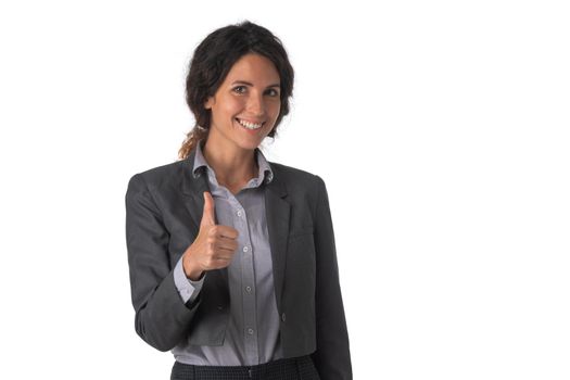 Portrait of young business woman with thumb up studio isolated on white background