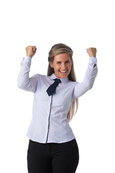 Portrait of young excited happy smiling business woman holding fists studio isolated on white background