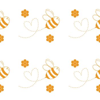 Seamless pattern with bees and honeycombs on white background. Small wasp. Vector illustration. Adorable cartoon character. Template design for invitation, cards, textile, fabric. Doodle style.