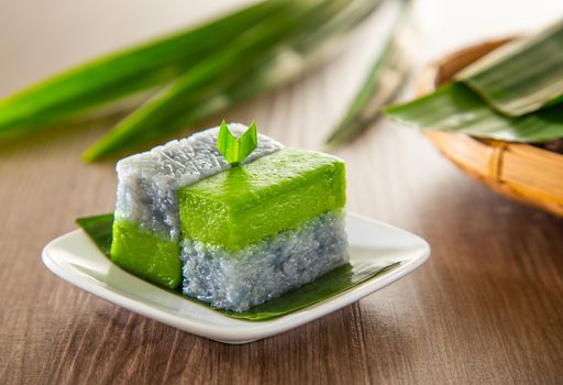 Kuih Seri Muka, traditional Malaysian Nyonya sweet cake. Also know as Pandan coconut layered cake.