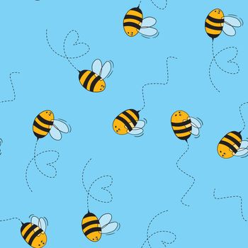 Seamless pattern with bees on color background. Small wasp. Vector illustration. Adorable cartoon character. Template design for invitation, cards, textile, fabric. Doodle style.