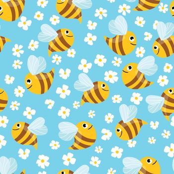 Seamless pattern with bees and flowers on color background. Small wasp. Vector illustration. Adorable cartoon character. Template design for invitation, cards, textile, fabric. Doodle style.