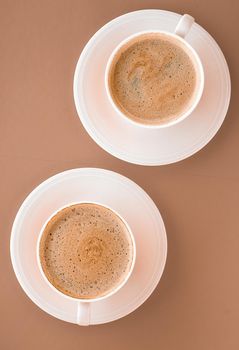 Drinks menu, italian espresso recipe and organic shop concept - Cup of hot coffee as breakfast drink, flatlay cups on beige background