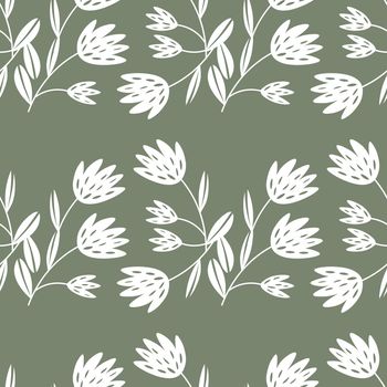 Seamless floral pattern based on traditional folk art ornaments. Modern flowers on color background. Scandinavian style. Sweden nordic style. Vector illustration. Simple minimalistic pattern.