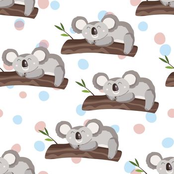 Seamless pattern with cute koala baby on color background. Funny australian animals. Card, postcards for kids. Flat vector illustration for fabric, textile, wallpaper, poster, gift wrapping paper