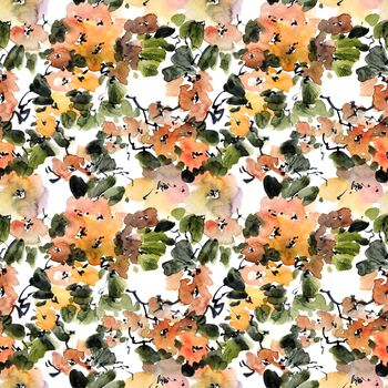 Watercolor illustration of tree branch in bloom - branches with flowers, buds and leaves. Seamless pattern. Oriental traditional painting in style sumi-e, u-sin and gohua.