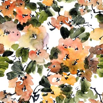 Watercolor illustration of tree branch in bloom - branches with flowers, buds and leaves. Seamless pattern. Oriental traditional painting in style sumi-e, u-sin and gohua.