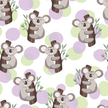 Seamless pattern with cute koala baby on color background. Funny australian animals. Card, postcards for kids. Flat vector illustration for fabric, textile, wallpaper, poster, gift wrapping paper