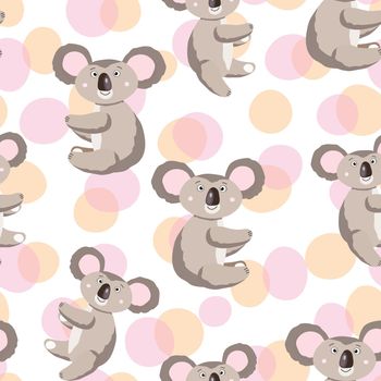 Seamless pattern with cute koala baby on color background. Funny australian animals. Card, postcards for kids. Flat vector illustration for fabric, textile, wallpaper, poster, gift wrapping paper