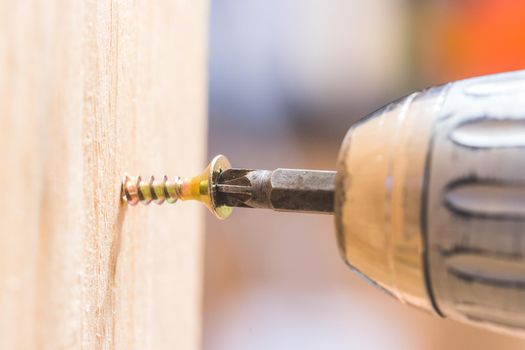 Close up of screw and screwing machine, workshop