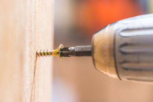 Close up of screw and screwing machine, workshop