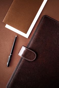 Productivity, work and corporate lifestyle concept - Vintage business briefcase on the office table desk, flatlay background