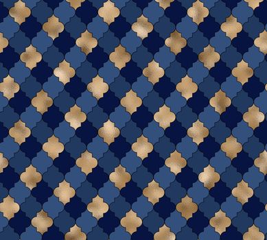 Abstract background. Blue gold pattern. Moroccan Arabic design geometric texture . Modern, contemporary lines with Moroccan pattern in gold and blue. 3D illustration