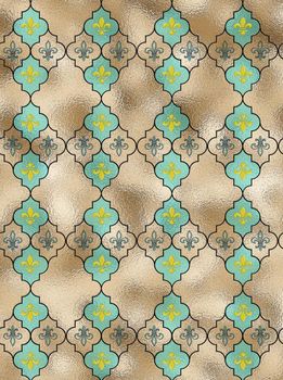 fleur-de-lis French seamless pattern with turquoise blue repeat motif lily fleur-de-Lis on gold shiny background, Illustration