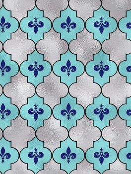 Seamless lily fleur de Lis background. Turquoise blue silver shiny pattern with heraldic symbol fleur-de-lis. Modern abstract pattern. 3D Illustration