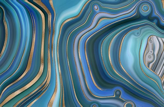 Abstract Agate marble background. Turquoise blue fluid marbling effect, gold vein. Wavy marbling fluid design in turquoise blue green pastel colours, gold curves. Beautiful elegant design. Illustration