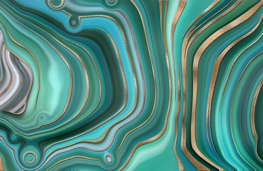 Abstract trendy turquoise green background template. Liquid marble agate abstract design with gold waves texture. Gold frame.Cover, invitation, banner, placard, brochure, poster, card, flyer. Illustration
